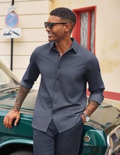 Vista 44 de COOFANDY Camisa de vestir casual de mezclilla con botones y manga larga para hombre