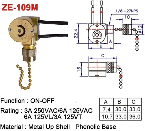 Vista 2 de Zing Ear ZE-109M - Interruptor de cable de cadena para ventiladores de techo, lámparas y luces de pared, interruptor de cadena de tracción de latón