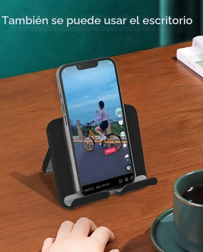 Vista 5 de Soporte de pared para teléfono con 3 almohadillas adhesivas, soporte plegable de ángulo ajustable para teléfono celular, sin perforaciones, soporte