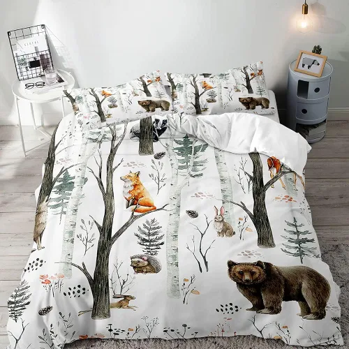 Vista 19 de LUVIVIHOME Juego de funda de edredón de 2 piezas, diseño de oso y alce, ciervo, ciervo, ropa de cama de cabaña, ropa de cama rústica de granja