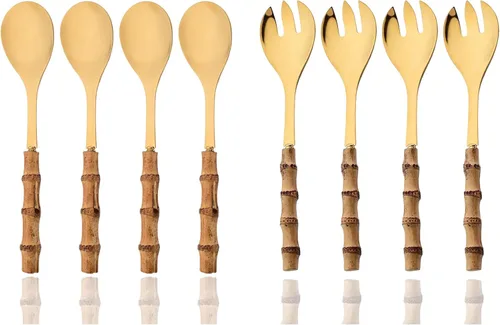 Vista 9 de JASHII Juego de cubiertos dorados de acero inoxidable 304, juego de cubiertos de 16 piezas con mango de bambú, servicio para 2, con 1 cuchara