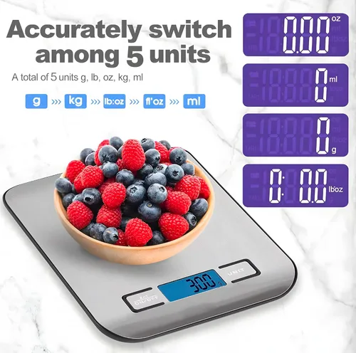 Vista 3 de Báscula digital de cocina, báscula de alimentos en gramos y onzas, precisión de 0.04 oz para cocinar, hornear y preparar comidas, acero inoxidable