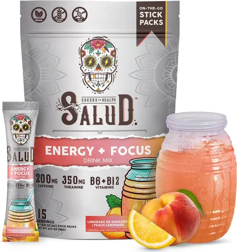 Vista 10 de Salud 2-en-1 Polvo para Bebida Energética + Enfoque, Sabor Cereza Lima, Cafeína Orgánica, B6 + B12, Teanina, Paquetes de Bebida Energética Limpia