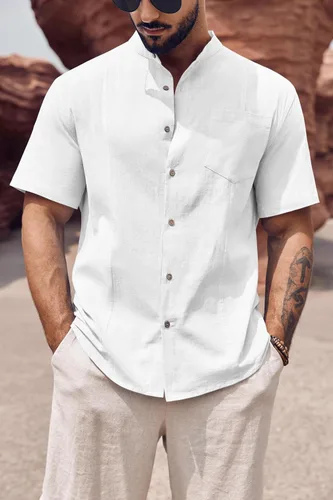 Vista 3 de Makkrom Camisa guayabera de lino para hombre, con botones, manga corta, casual, cubana, mexicana, cuello de banda, tops de verano para la playa
