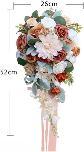 Vista 5 de Ramos de boda para novia, ramo en cascada para novia, boda, flores artificiales, ramo romántico rústico de boda (ramo naranja champán)