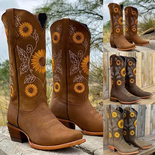 Vista 3 de AODONG Botas bordadas para mujer, con estampado de girasol, de media pantorrilla, tacón grueso, botas vaqueras occidentales
