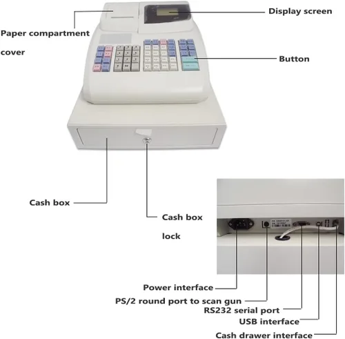 Vista 4 de Caja registradora electrónica con 6 pantallas LED digitales para pequeñas empresas, minoristas, supermercados, cajas registradoras con cajón y Negro