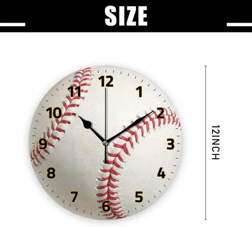 Vista 2 de Relojes de pared a pilas de 12 pulgadas, béisbol, decoración silenciosa del hogar para baño, sala de estar, dormitorio