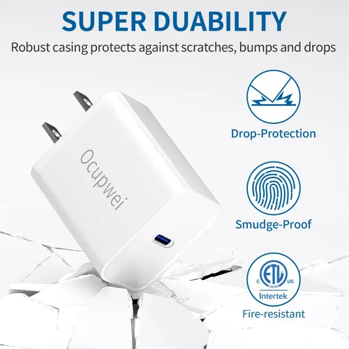 Vista 4 de Cargador de carga rápida para iPhone 14, 13, 12, 11 [certificado MFi], paquete de 3 bloques de cargador de pared USB C PD de 20W con cable USB C a
