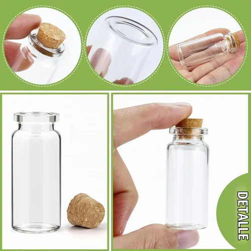 Vista 3 de WFPLUS 60 botellas de vidrio pequeñas de 0.3 fl oz con tapón de corcho, mini frascos de vidrio para bricolaje, pequeños frascos transparentes