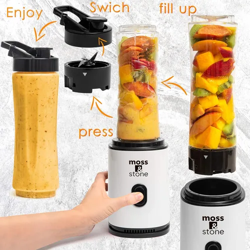 Vista 2 de Moss & Stone Licuadora personal negra para batidos, mezcladora de un solo toque con botella de 20 onzas sin BPA, electrodoméstico compacto