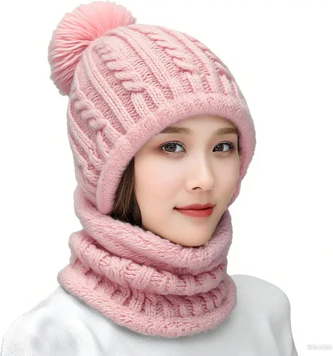 Vista 21 de Gorro de Invierno para Mujer de Una Pieza con Forro Polar Pasamontañas de Punto Conjunto con Bufanda Circular para Cuello Gorro de Esquí para Nieve