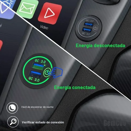 Vista 5 de GemCoo Enchufe de cargador USB de 12 V/24 V, 36 W QC 3.0 puertos USB duales, interruptor táctil, indicador LED, resistente al agua, verde