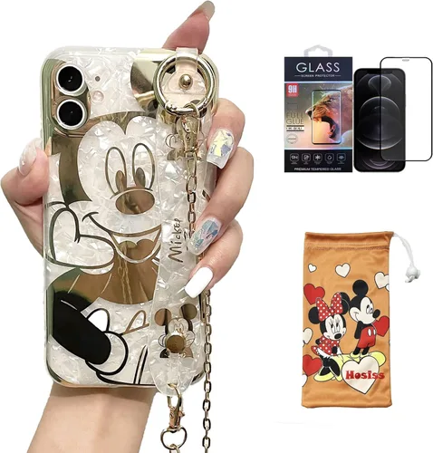 Vista 8 de Funda de dibujos animados para iPhone 7/8/SE de 4.7" con protector de pantalla HD, Mickey Mouse con correa de muñeca, soporte, cadena de metal