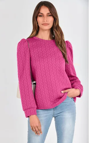 Vista 6 de PRETTYGARDEN Sudaderas de manga abullonada para mujer, para otoño, casual, cuello redondo, textura torcida sólida, sin botones