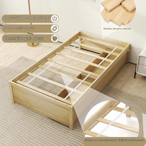 Vista 6 de KOMFOTT Base de cama de plataforma de madera de tamaño individual con 2 cajones de almacenamiento, plataforma de madera con soporte de tablillas
