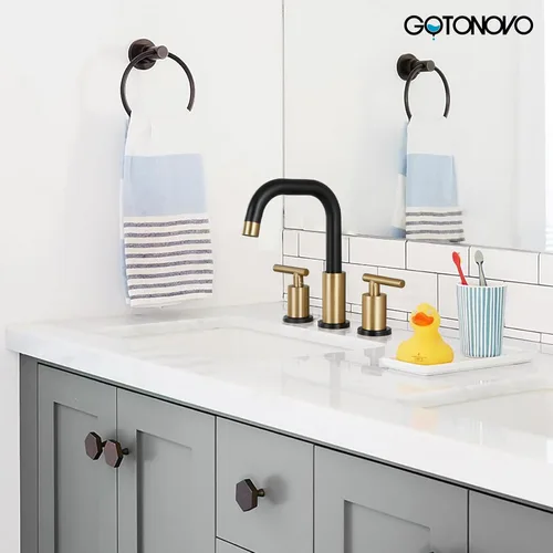 Vista 2 de gotonovo Grifo de lavabo de baño de 8 pulgadas, 3 agujeros, 2 asas, lavabo con drenaje desplegable con válvulas mezcladoras frías y calientes