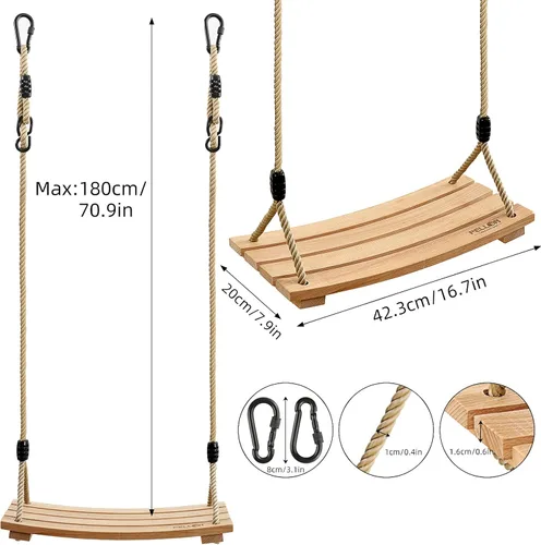 Vista 3 de PELLOR - Columpio de madera para niños, columpio de madera curvada para patio trasero, columpio de madera carbonizada colgante de carga de 220