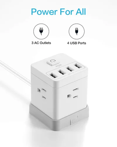 Vista 2 de KMC Regleta protectora de sobretensiones, enchufe de alimentación portátil con 4 puertos USB de 4.8 A y control de interruptor, cable de extensión