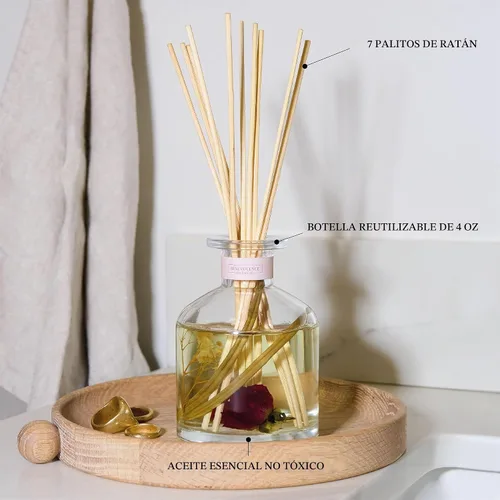 Vista 5 de Benevolence LA Difusor de junco, difusor de aroma de rosa y sándalo para el hogar con varillas difusoras de aceite Colección Sun-Kissed