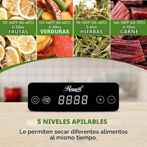Vista 3 de Rosewill Deshidratador de alimentos compacto, 5 bandejas apilables con temporizador ajustable de 48 horas y control de temperatura, secador
