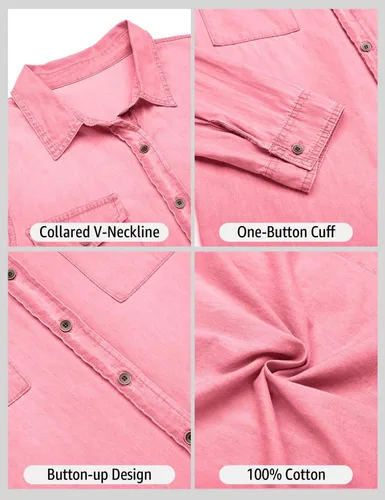 Vista 6 de luvamia Camisa vaquera de chambray para mujer, camisas occidentales de manga larga con botones