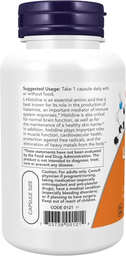 Vista 3 de Now Supplements, L-histidina 600 mg, aminoácido esencial, crítico para la función normal del cerebro*, apoyo del sistema inmunológico*, 60 cápsulas