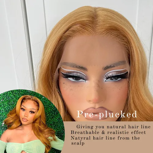Vista 3 de #27 Peluca de encaje frontal rubia miel sin pegamento, onda corporal, pelucas de encaje frontal sintéticas prediseñadas, con línea de cabello