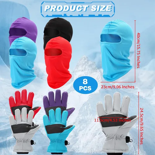Vista 2 de Liitrsh Juego de 8 guantes de esquí de invierno y pasamontañas para niños, incluye 4 pares de guantes de nieve y 4 máscaras de esquí, pasamontañas