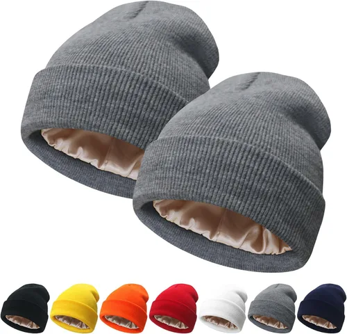 Vista 17 de NPQQUAN 2 PCS Satin Lined Beanie for Women Silk Lined Beanies Winter Warm Soft Lining Cuffed Knit Beanie Hats for Women