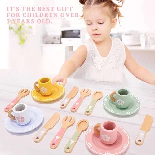 Vista 6 de Accesorios de cocina de madera para niños pequeños de 3 años en adelante, 22 piezas de cocina para niños con lindo estante para cubiertos y estante