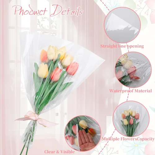 Vista 3 de Corkwaw 100 Piezas De Embalaje Transparente Para Flores, Funda Transparente Para Ramos De Flores De Celofán Adecuada Para Empaque De Flores En