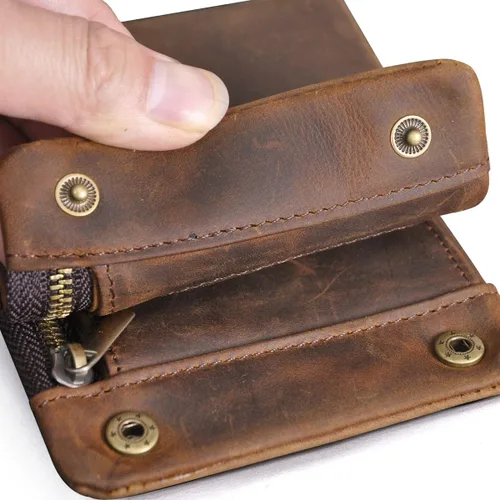 Vista 6 de Le'aokuu Cartera de piel auténtica para hombre 1003 con cadena a presión horizontal estándar (marrón)