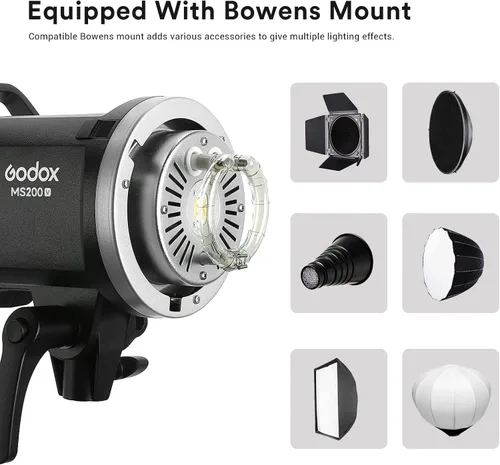 Vista 8 de Godox MS200V MS200-V - Luz estroboscópica de estudio, 200W 110V 2.4G Flash de fotografía compacta, lámpara de modelado LED de 10W, monolight