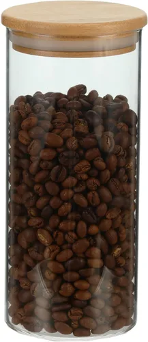 Vista 4 de Cestari Tarro de vidrio para almacenamiento de alimentos con tapa hermética de bambú, recipiente delgado de borosilicato de 24 onzas para granos