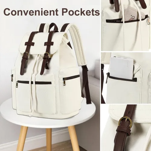 Vista 5 de Bluboon Mochila vintage con ribete de cuero casual para hombres y mujeres, mochila de viaje para computadora portátil