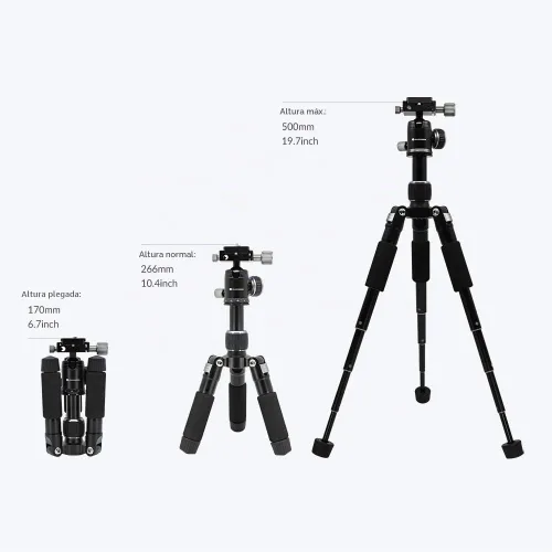 Vista 5 de Trípode de 50 V de perfil bajo para cámara y iPhone, trípode compacto de mesa y viaje con mango de aluminio, compatible con teléfonos inteligentes