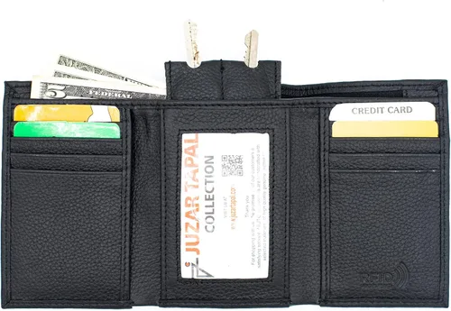 Vista 3 de RFID Safe Cartera de cuero triple plegable J130 Pulgar ID Key Holder YKK Zip Bill ranura en bolsa de regalo, Negro J130TF, Billetera triple
