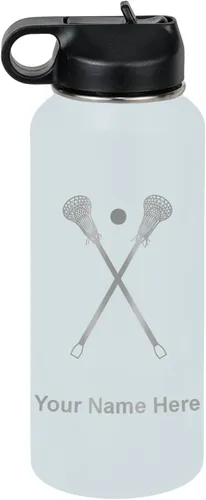 Vista 13 de LaserGram Botella de agua personalizada, palitos de lacrosse, acero inoxidable de doble pared aislada al vacío con popote superior, regalo grabado
