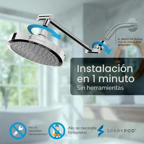 Vista 6 de SparkPod Cabezal de Ducha de Lluvia Redondo con Brazo de Extensión - Cabezal de Ducha de Altura Ajustable con Rendimiento de Alta Presión