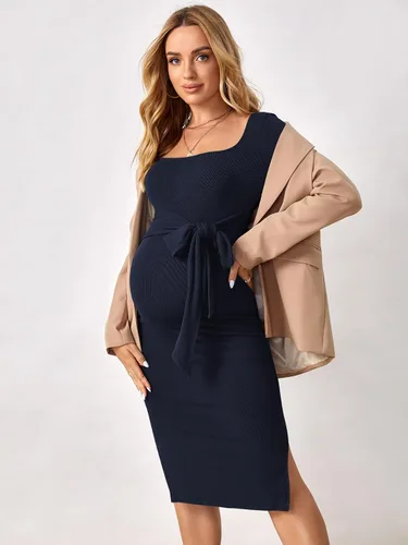 Vista 4 de OYOANGLE Vestido midi ajustado de manga larga con nudo frontal y cuello cuadrado para mujer