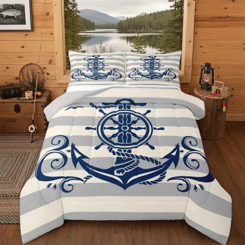 Vista 20 de Erosebridal Juego de edredón de ancla náutica, juego de ropa de cama con brújula oceánica, tamaño individual para niños, adolescentes y adultos