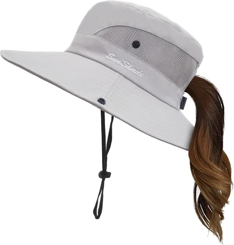 Vista 11 de Sombrero de verano para mujer, ala ancha, protección UV, plegable, para cola de caballo, para playa, pesca, senderismo Beige