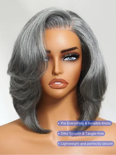 Vista 3 de Nadula - Peluca corta de 20 cm con cabello humano gris sal y pimienta, sin pegamento, con separación lateral, capas enmarcadas para el rostro