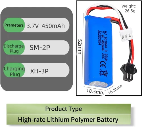 Vista 2 de Paquete de 2 baterías de iones de litio de 7.4 V 450 mAh 20C RC para WLtoys K969 K979 K989 K999 P929 P939 RC Car RC Boat con junta SM-2P y cable