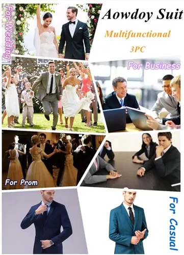 Vista 7 de Trajes de hombre de 3 piezas de corte delgado, esmoquin de boda, padrino de boda, fiesta de graduación, casual, chaqueta de negocios, chaleco