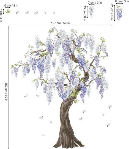 Vista 5 de wondever Pegatinas de pared de árbol de flores moradas, diseño de glicina para colgar en árbol grande, calcomanías de arte de pared para dormitorio
