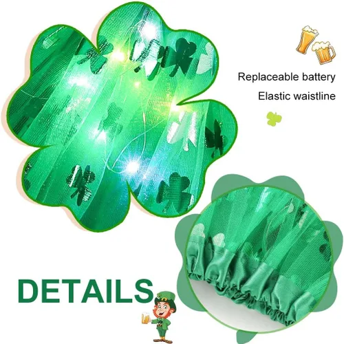 Vista 6 de DRESBE Juego de disfraz del Día de San Patricio, diadema de trébol LED verde, falda de palo de hada iluminada, traje de festival irlandés