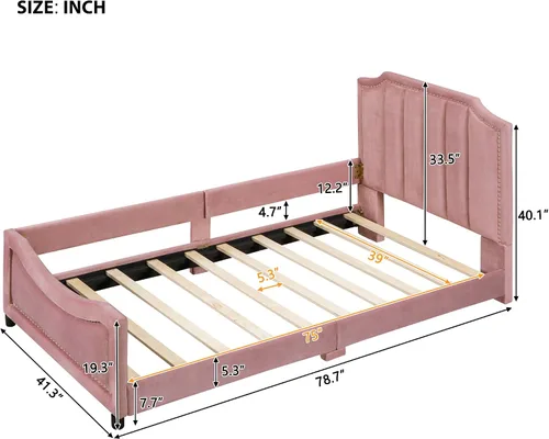 Vista 2 de Sofá cama tapizado tamaño individual, bonito sofá cama de cuero de terciopelo con cabecera clásica en forma de rayas, base de cama de madera