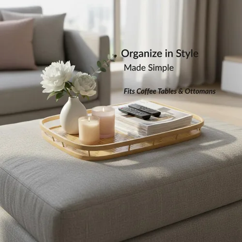 Vista 3 de PEMAR Juego de 4 bandejas de servir de mimbre de bambú para alimentos y bebidas, bandejas rectangulares para desayuno en la cama con asas, bandejas